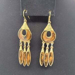 Vtg Berebi Signed Gold Brown Enamel Articulating Dangle Earrings Feather Boho‎